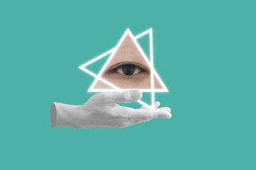 Digital collage modern art, Hand holding human eye sight