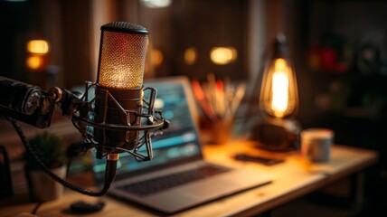 Home studio podcast recording setup with professional microphone, laptop computer and glowing on air lamp on desk, modern audio broadcasting and digital content creation workspace interior close up