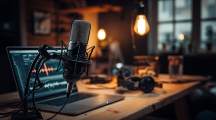 Home studio podcast interior with professional microphone, laptop computer and glowing on air lamp arranged on desk in modern technology broadcasting setup