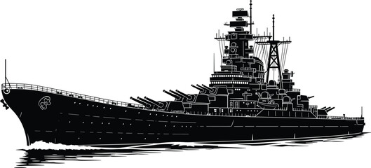 World War Two Era Battleship Silhouette at Sea, Military Naval Warship with Large Cannons, Destroyer War Boat Vector Graphic Illustration Image © Parvej Creatives