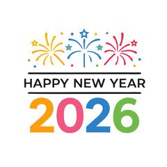 Naklejka premium Happy New Year 2026 Logo, Minimalist Fireworks Icon Combined With Text, Simple Line Art, Flat Vector