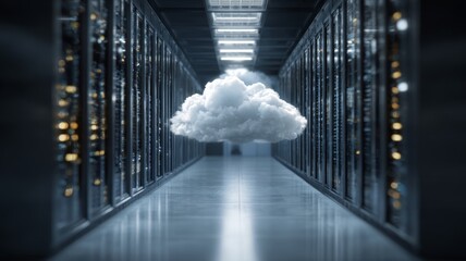 Large cloud-shaped server inside modern data center with sustainable computing concept, futuristic technology infrastructure, digital data storage and cloud computing environment