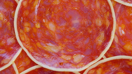 Closeup of seasoned sausage slices, Detailed view of seasoned meat with marbling, Highly detailed...