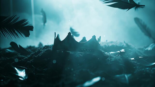 Black fallen angel lucifer shown in video form concept. A crown surrounded by dark feathers and misty atmosphere.
