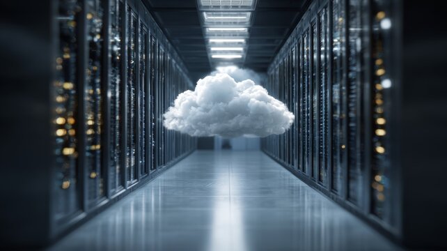 Large cloud-shaped server inside modern data center with sustainable computing concept, futuristic technology infrastructure, digital data storage and cloud computing environment - Powered by Adobe