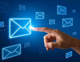 Hand pointing at illuminated envelope icon surrounded by others