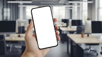 Close up of a hand holding a smartphone with a blank screen in a modern office environment