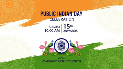 Indian independence day celebration poster with ashoka chakra peacocks flowers and tricolor