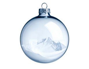 Transparent orb captures miniature winter mountain landscape