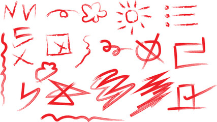 Red abstract shapes and symbols isolated on transparent background