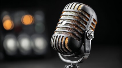 Professional podcast microphone with pop filter on desk, modern audio recording studio background with broadcast equipment, digital content creation and streaming technology setup, sound engineering a