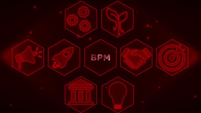 Glowing Red Hexagonal Business Process Management B P M Conceptual Animation digital transformation innovation