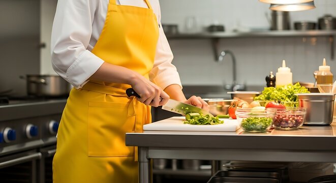Professional chef slicing vegetables in a vibrant commercial kitchen setting