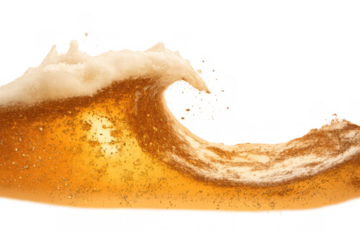 Golden beer creating a liquid wave with froth and bubbles against a transparent background, splashing and refreshing