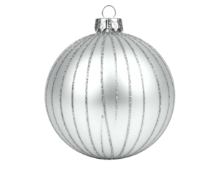 Gleaming silver sphere with vertical glitter stripes, holiday decoration