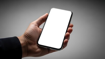 Hand holding a modern smartphone with a blank white screen for custom content and branding