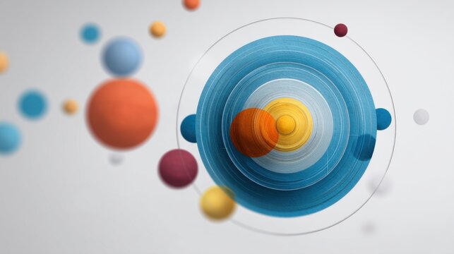 Abstract colorful spheres and circular layers creating a vivid three-dimensional effect against a soft gradient background in a modern artistic design