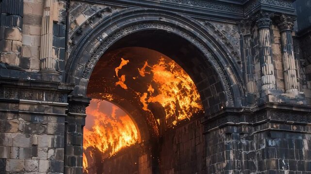 Fiery passage depicted as entrance to hell concept. A blazing inferno frames the archway, creating a dramatic and eerie atmosphere.