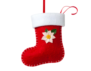 Red felt Christmas stocking with white trim and floral applique