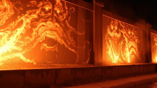 Fiery passage depicted as entrance to hell concept. A wall of flames with mythical imagery, creating an infernal atmosphere.