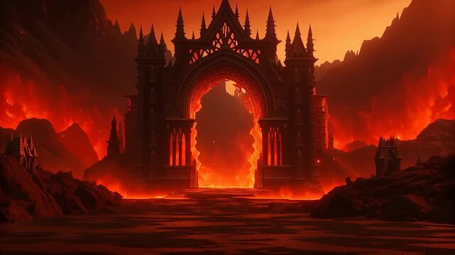 Fiery passage depicted as entrance to hell concept. A dark gothic archway surrounded by lava and flames, set against a dramatic fiery landscape.