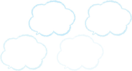青系のクレヨンで描いた吹き出しセット。雲の形をしたかわいい手描き風のふきだし。青系の異なる色が4色ある。