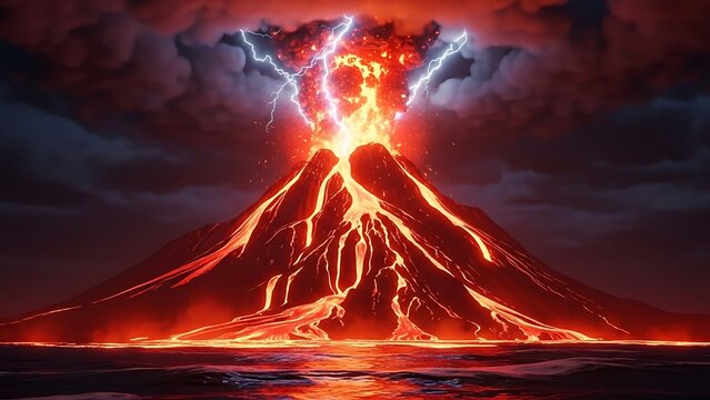 Erupting volcano with lightning strikes under dark stormy sky