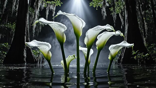 Elegant white calla lilies emerge from dark swamp water, illuminated by dramatic light in a mysterious landscape