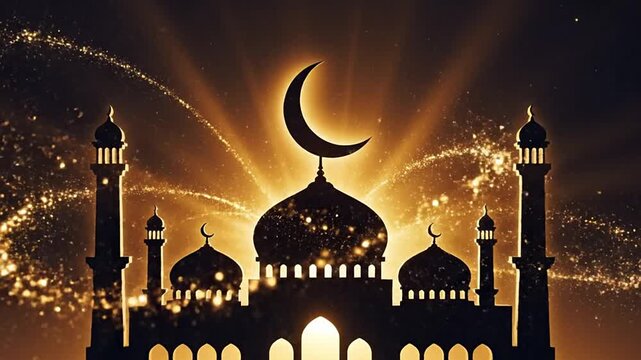 Mosque silhouette with minarets and domes under a glowing crescent moon, surrounded by sparkling golden light and particles against a dark night sky. Ideal for religious celebrations.