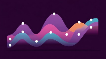 Abstract colorful data visualization graph with smooth curves and markers on dark background for business analytics and digital design