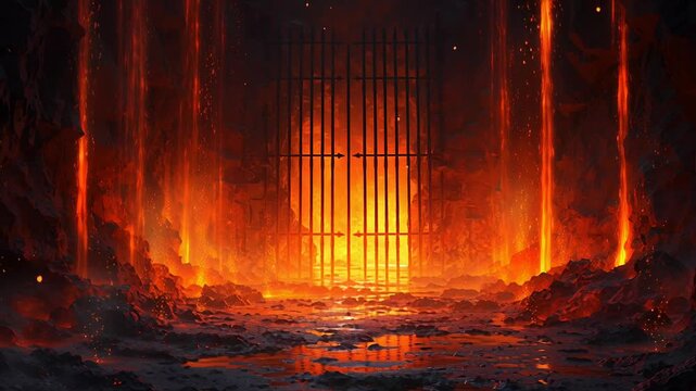 Fiery passage depicted as entrance to hell concept. A dramatic scene filled with flames, lava, and an imposing gate.