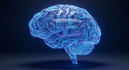 Glowing blue circuit board brain with neon lights on dark background