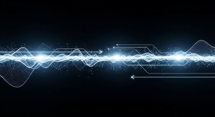 Dynamic glowing waveform with arrows on dark background