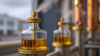 Close up of a distillation apparatus with golden liquid and rising steam in an industrial setting