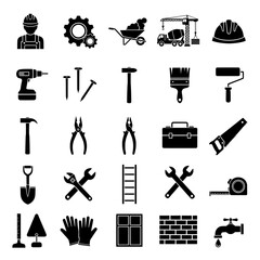 Construction and professional hand tool icon set for repair and maintenance