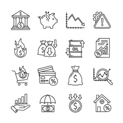 Financial recession and market crash line icons for economic analysis