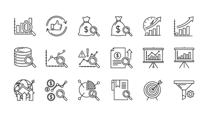 Business Data Analysis and Performance Reporting Line Icon Set