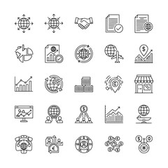 Global Business Logistics and International Trade Thin Line Icon Set