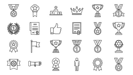 Award and achievement line icon set including trophy medals and certificates