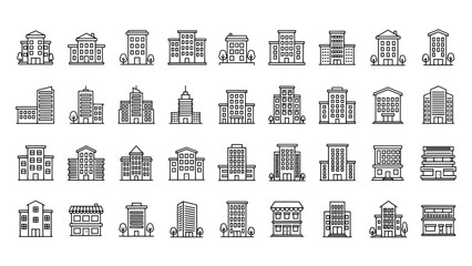 set of buildings, Large collection of building line icons representing urban architecture and city