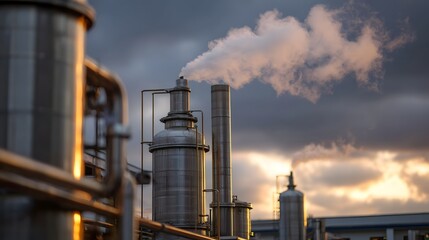 Obraz premium Industrial plant with steam billowing from chimneys against a dramatic overcast sky at golden hour