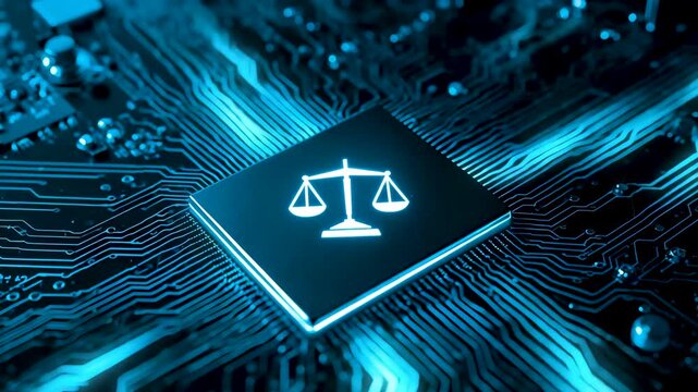Computer microchip displaying scale icon centered on illuminated circuit board