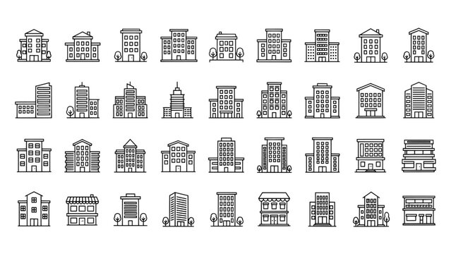 set of buildings, Large collection of building line icons representing urban architecture and city