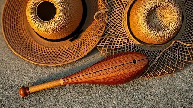 berimbau. A single berimbau instrument next to an inverted straw hat, a simple and cultural still life. event programs, museum guides, designed for cultural heritage projects and event programs.