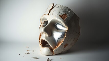 plasm. A broken ceramic mask reveals a metallic surface beneath, symbolic contrast in studio lighting. event programs, museum guides, designed for cultural heritage projects and event programs.
