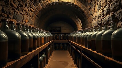 demijohns. Ancient wine cellar with stone walls and large glass demijohns on dusty wooden shelves. bar promotions, beverage menus, designed for food & beverage menus and cafe branding.