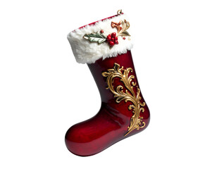 Ornate, deep red stocking with gold scrollwork, faux fur trim