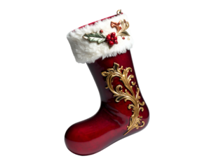 Ornate, deep red stocking with gold scrollwork, faux fur trim