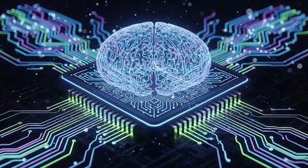 Glowing brain on circuit board with vibrant neon connections