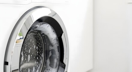 A modern washing machine door full of foam during a clean cycle, illustrating the concept of domestic efficiency and home freshness
